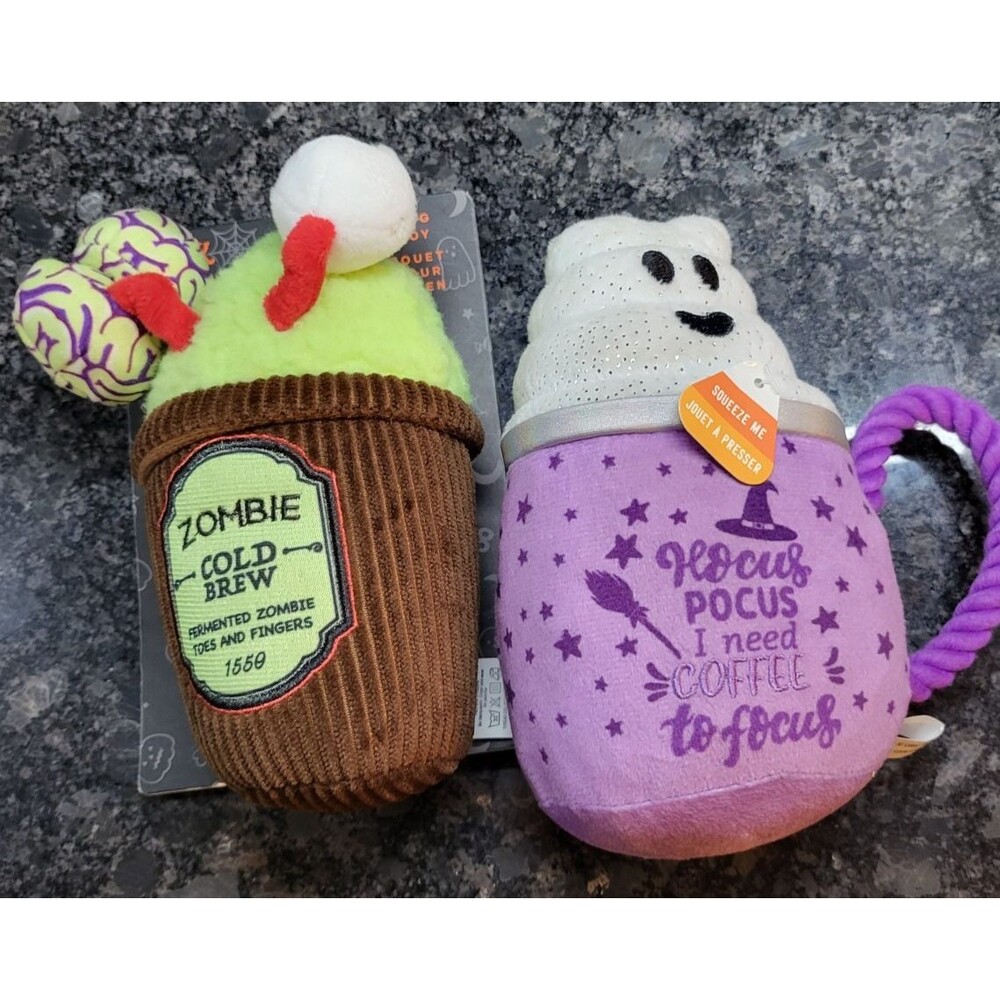 2 NIP Squeaky Coffee-Theme Dog Toys Lick or Treat Zombie Cold Brew, Need Coffee